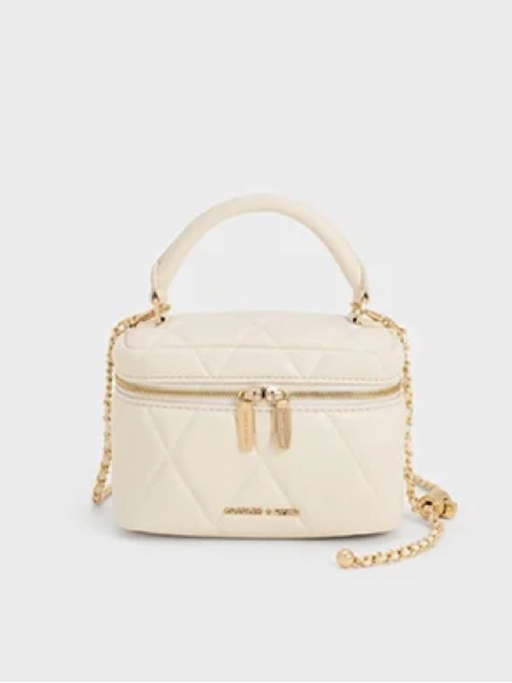 Charles & Keith Cream Quilted Top-Handle Mini Bag with Gold Chain